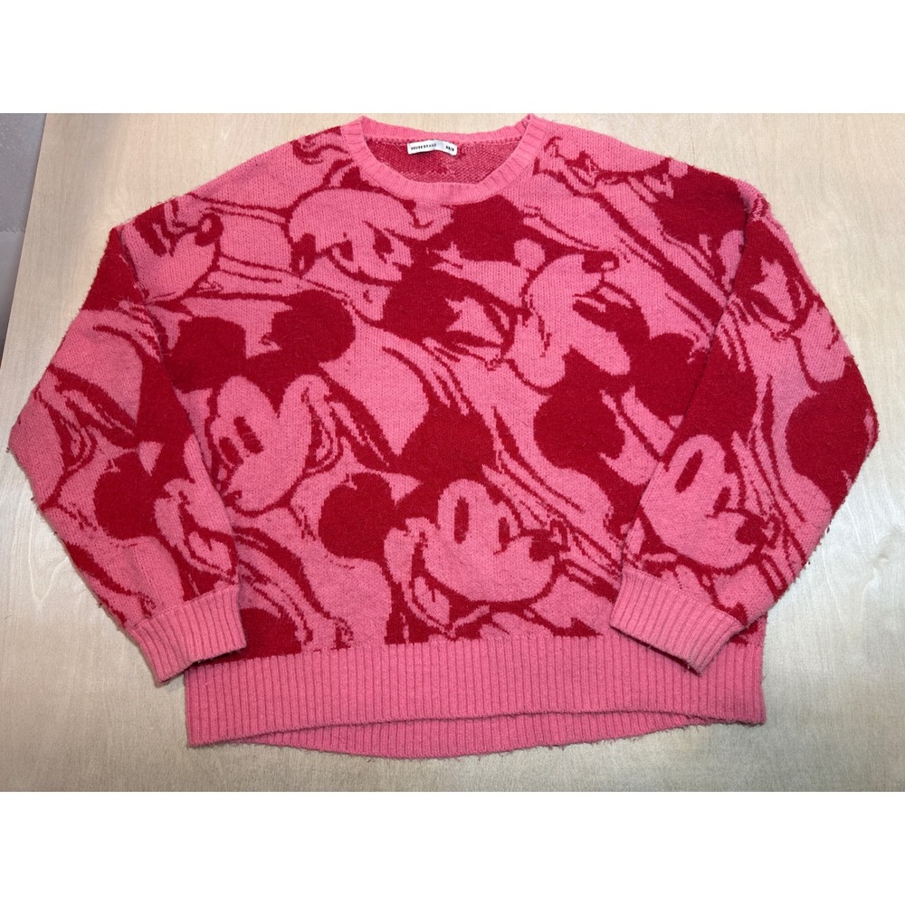 House Brand x Disney Mickey Mouse Pink Fuzzy Knit Sweater Womens XS/S Jacquard